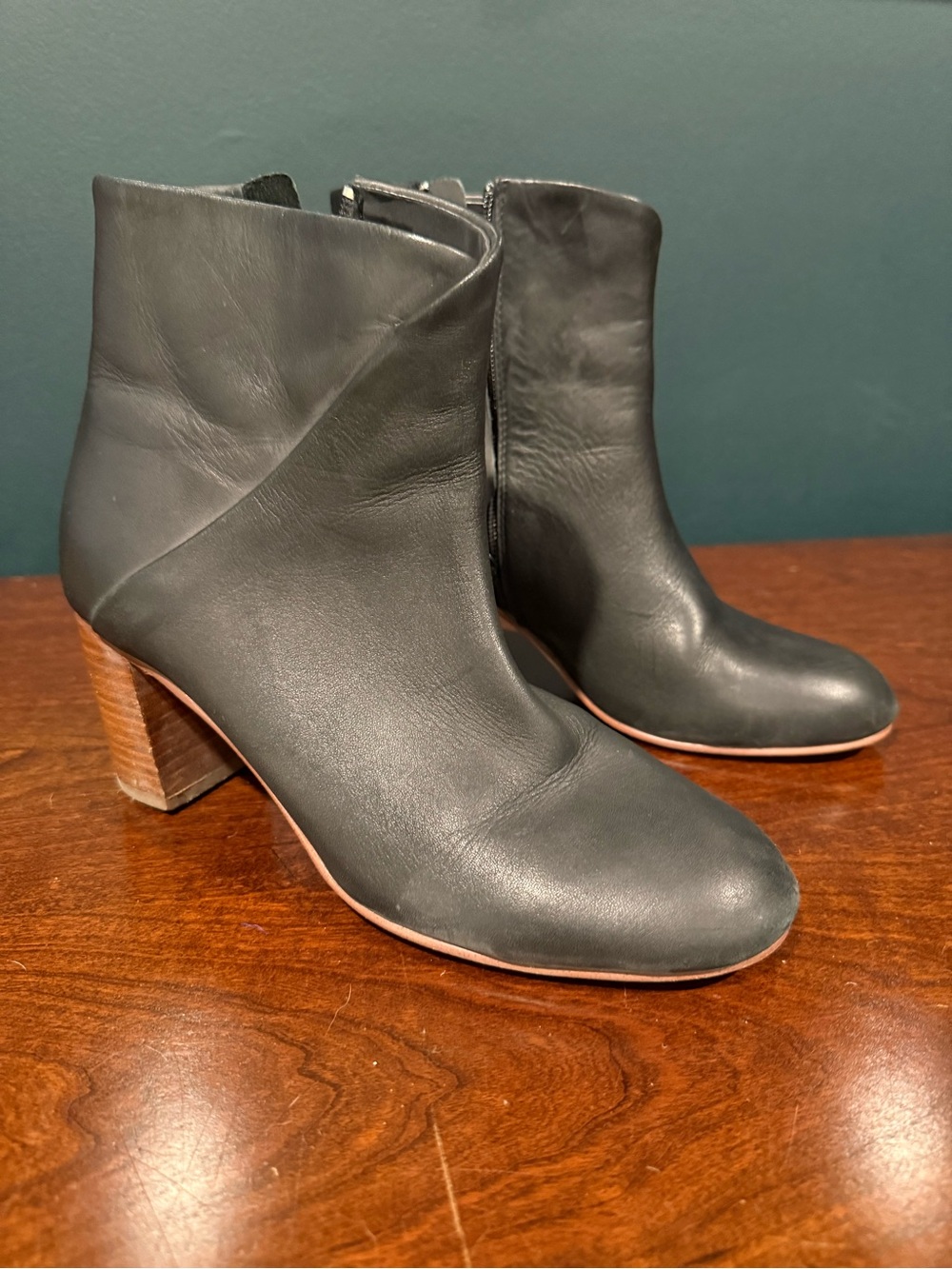 Soludos Black Leather Ankle Boots with Stacked Wood Heel